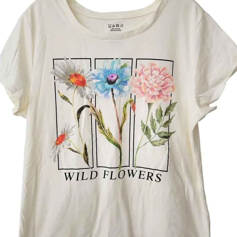Wild Flowers Graphic T-Shirt Womens L Cream Short Sleeve Casual Top Cotton Blend - Picture 3 of 4